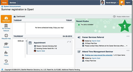 Facsimil of student dashboard showing the appointment with a star icon. The student can click there to change it.