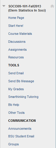Facsimile of Blackboard Home page, displaying Tools, My Courses, Campus Messages, Browser Check, My Announcements, BSU Online Infor, Download Mobile Apps, and My Communities
