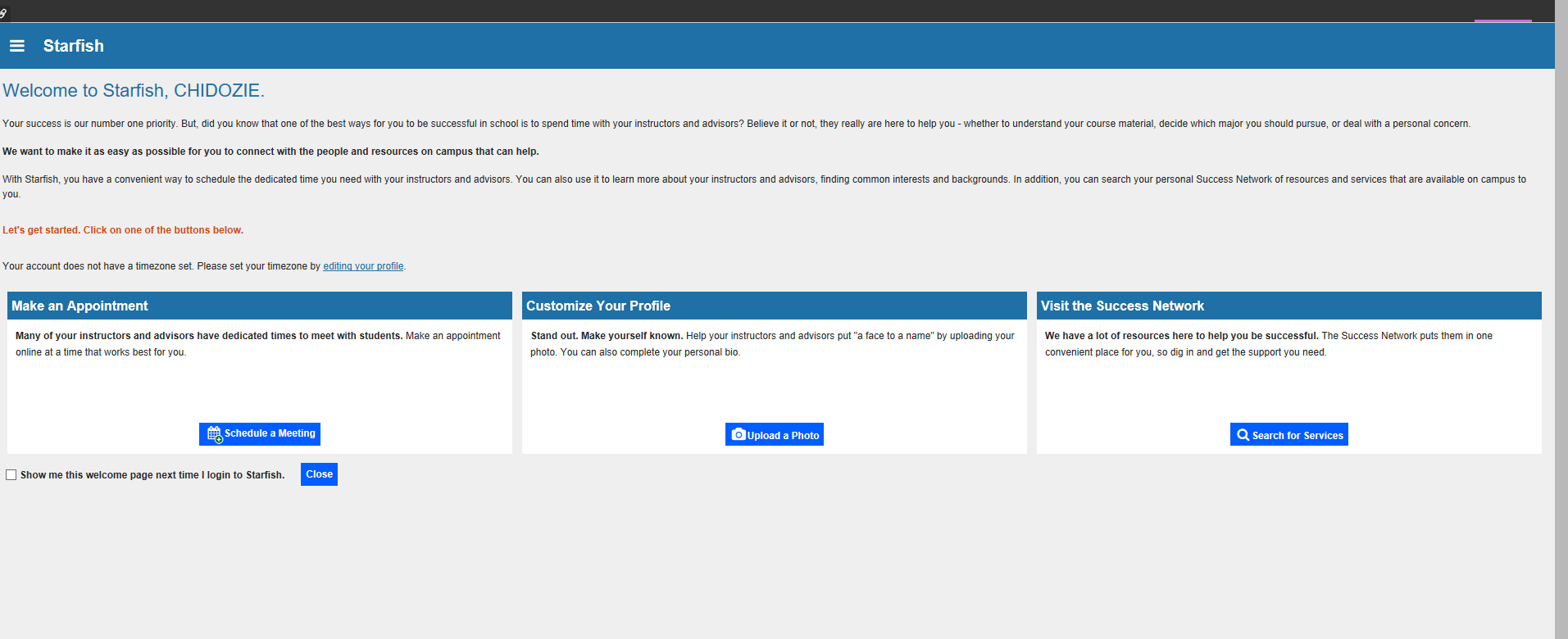 Facsimile of Starfish first-time access page. "Starfish" title on top left. It shows three areas that students have to fill-in with information as described in the text.