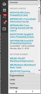 Navigation menu on top right of Blackboard