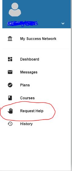 Facsimile of Starfish Menu showing a "hand" icon and Request Help. This is a shortcut to ask for help to advisers or instructors
