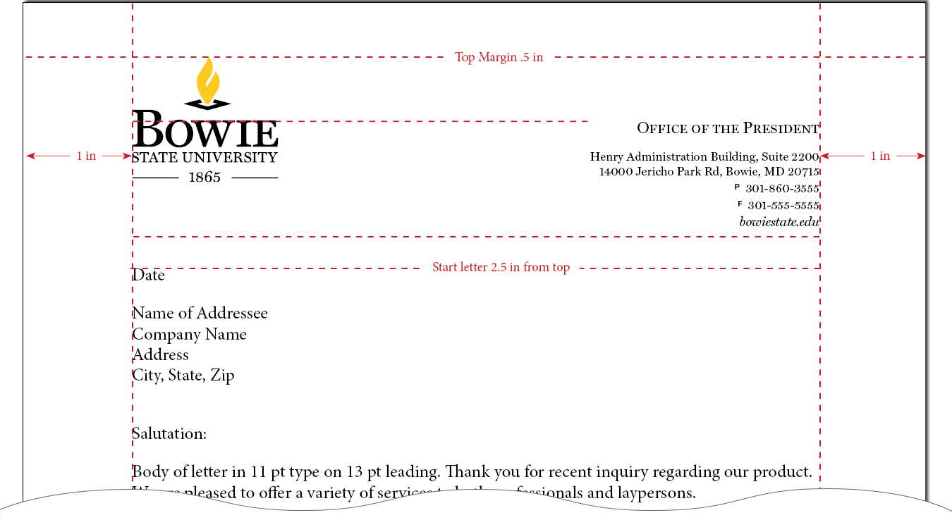 BSU letterhead sample with measurements