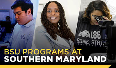male on laptop, woman smiling, woman looking into microscope with text BSU programs at Southern Maryland