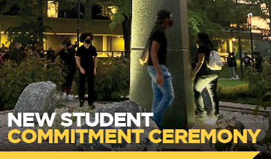 new student commitment ceremony text with an image of students walking around the torch on campus.