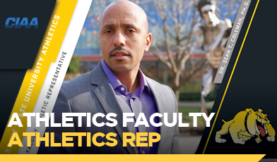 Male wearing a suit with the ciaa logo to the left and BSU Bulldog logo to the right text says athletics faculty athletics Rep
