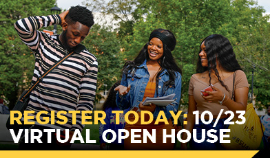 three students walking on campus talking. text: REGISTER today: 10/23 VIRTUAL OPEN HOUSE