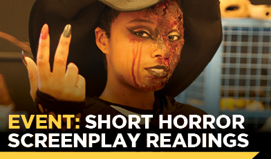 student in a halloween costume with text: Event: Short Horror Screenplay Readings