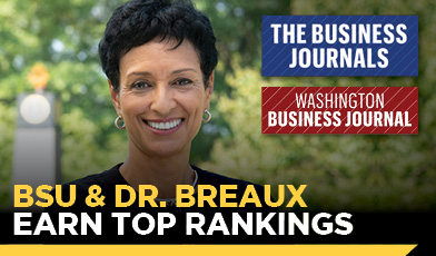 Dr. Breaux smiling. text: Dr. Breaux Among Top 100 Influencers/BSU Among Top 25 HBCUs