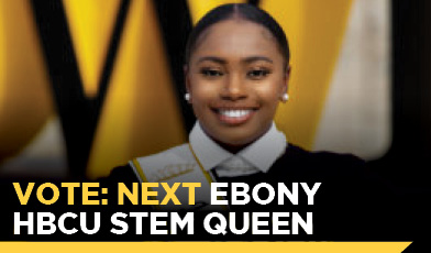 student smiling looking at camera wearing black. text: Vote: Next Ebony HBCU STEM Queen