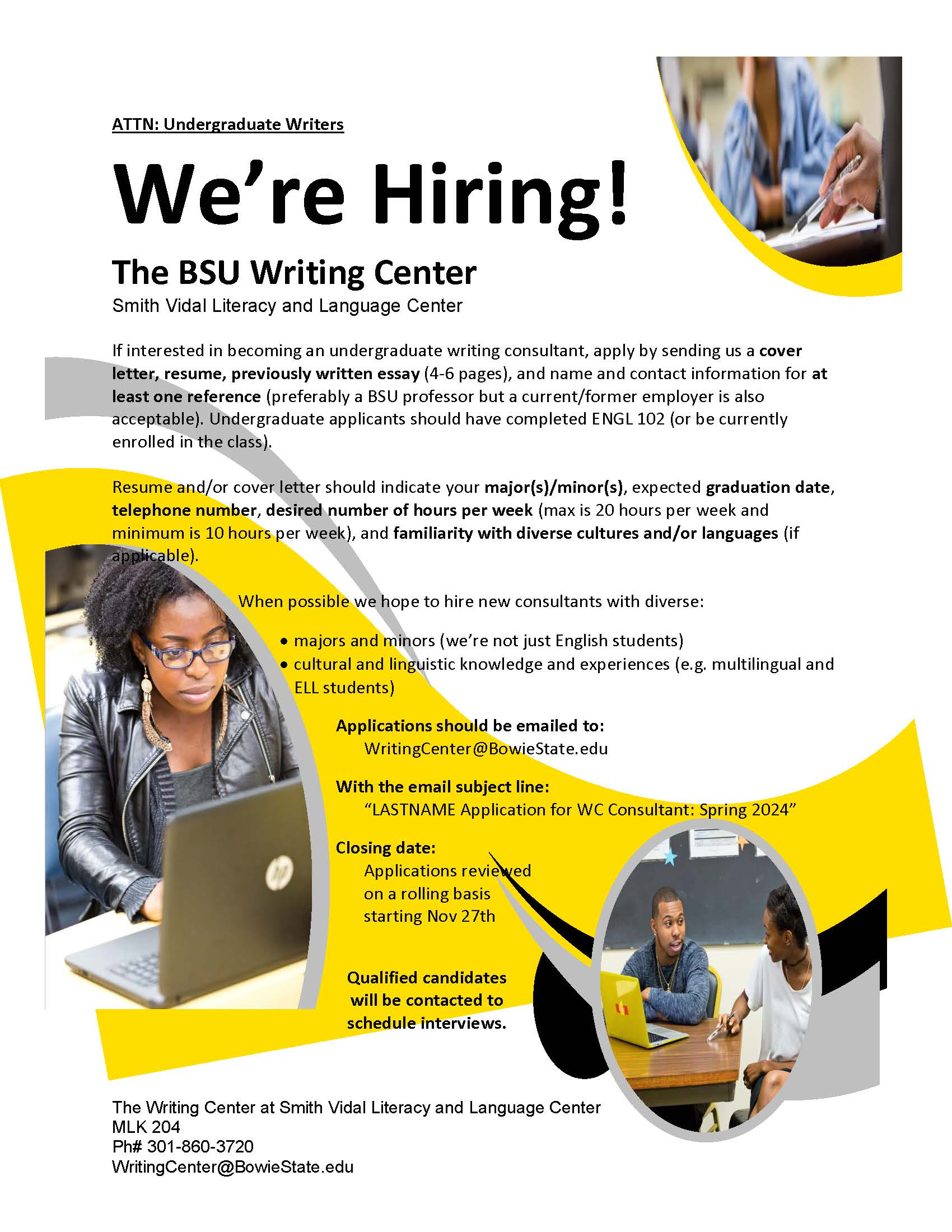 Hiring Students call 301-860-3720 for details