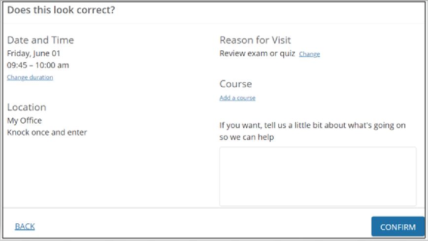Confirm message of appointment, shows data entered by student and a Confirm button to accept