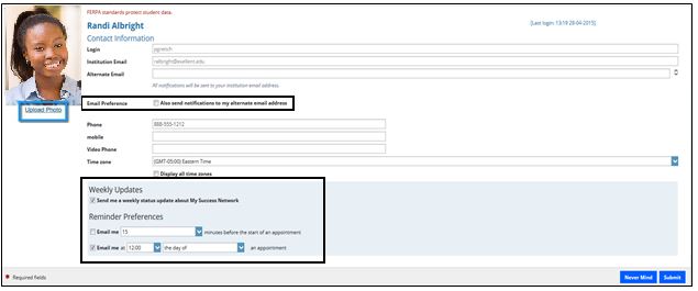 Sample of student profile, including picture in top left, contact data and sort bio. All this is fillable by student.