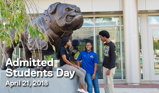 Admitted Students Day - April 21, 2018 - over a picture of students standing next to the Bulldog statue